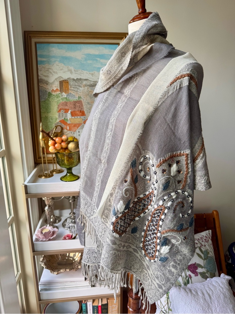 Luxury Gray Boiled Wool/ linen Shawl Wrap Artisanal Hand Embroidered and Beaded